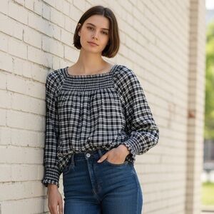 LOFT Navy and White Checkered Blouse